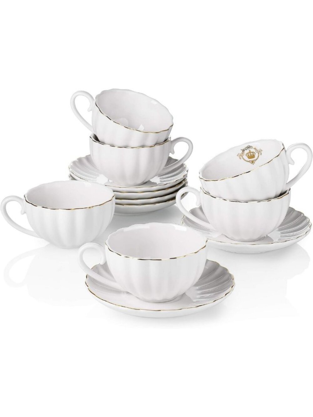 Elegant Gold Trim Tea Cup Set with Saucers - Porcelain Coffee & Cappuccino Cups